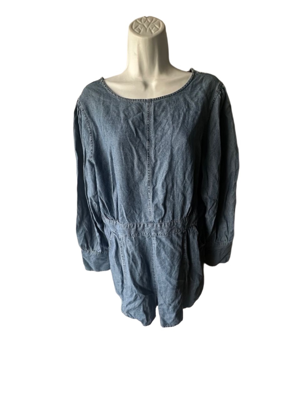 Something Navy Chambray Denim Romper Long Sleeve Puff Sleeve Size XL